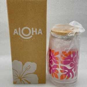 ❤️ Aloha Collection Aloha To-Go Glass Tumbler with Bamboo Lid & Straw 16 Oz NWT